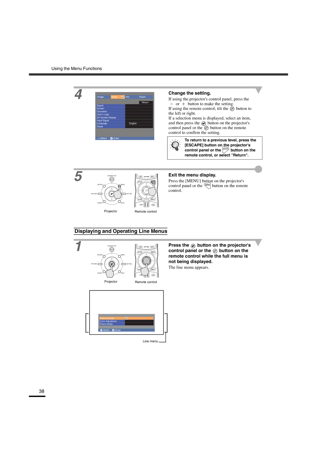 Yamaha LPX-510 owner manual Displaying and Operating Line Menus, Change the setting, Exit the menu display 