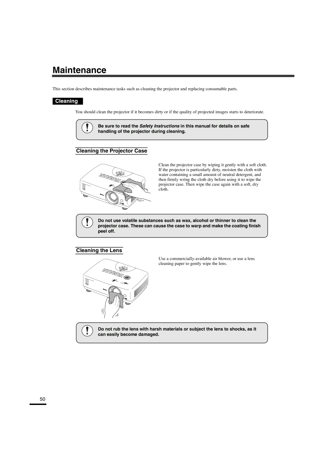 Yamaha LPX-510 owner manual Maintenance, Cleaning the Projector Case, Cleaning the Lens 