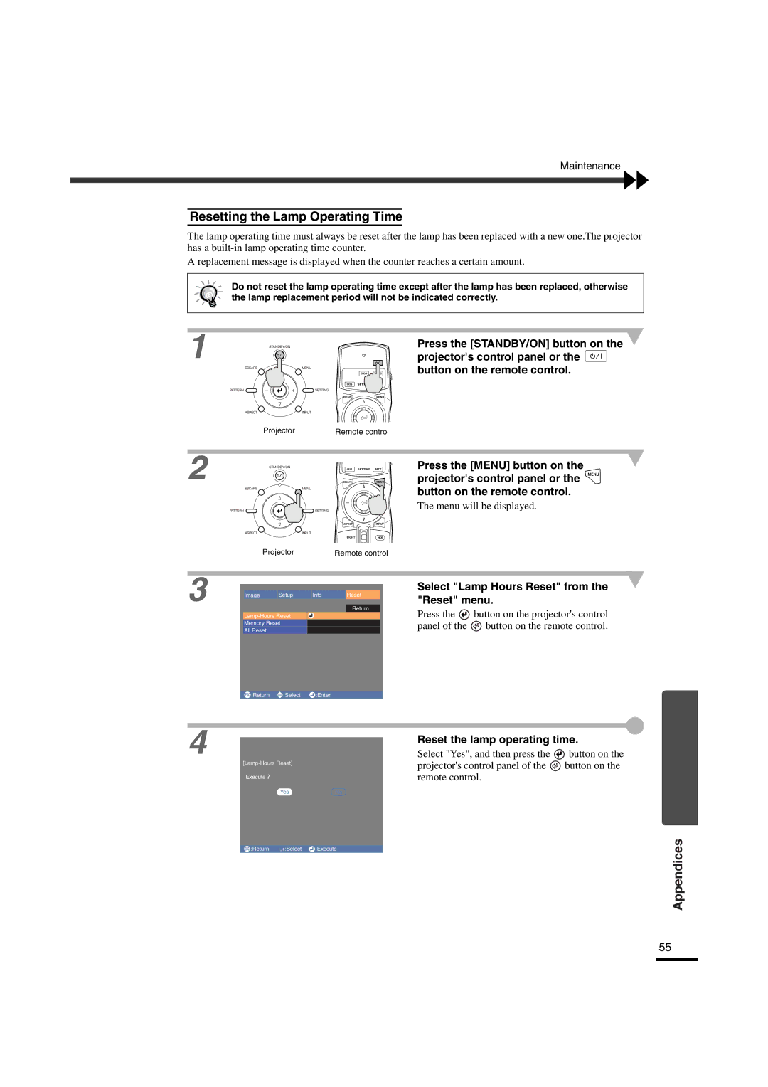 Yamaha LPX-510 owner manual Reset the lamp operating time, Resetting the Lamp Operating Time 