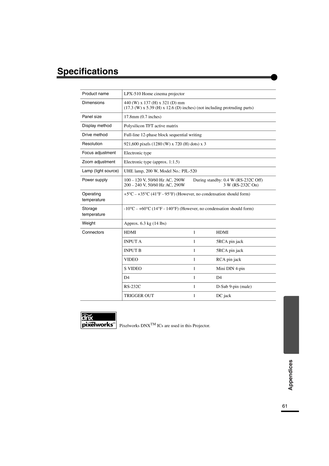 Yamaha LPX-510 owner manual Specifications 