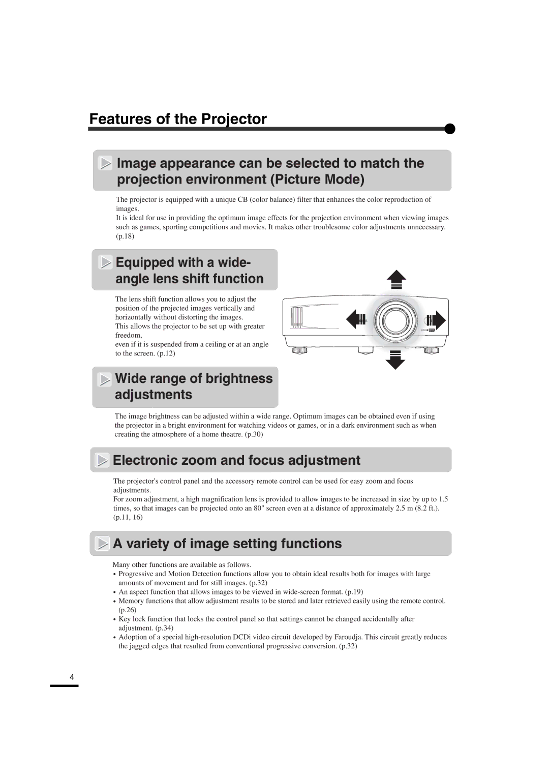 Yamaha LPX-510 owner manual Features of the Projector, Equipped with a wide- angle lens shift function 