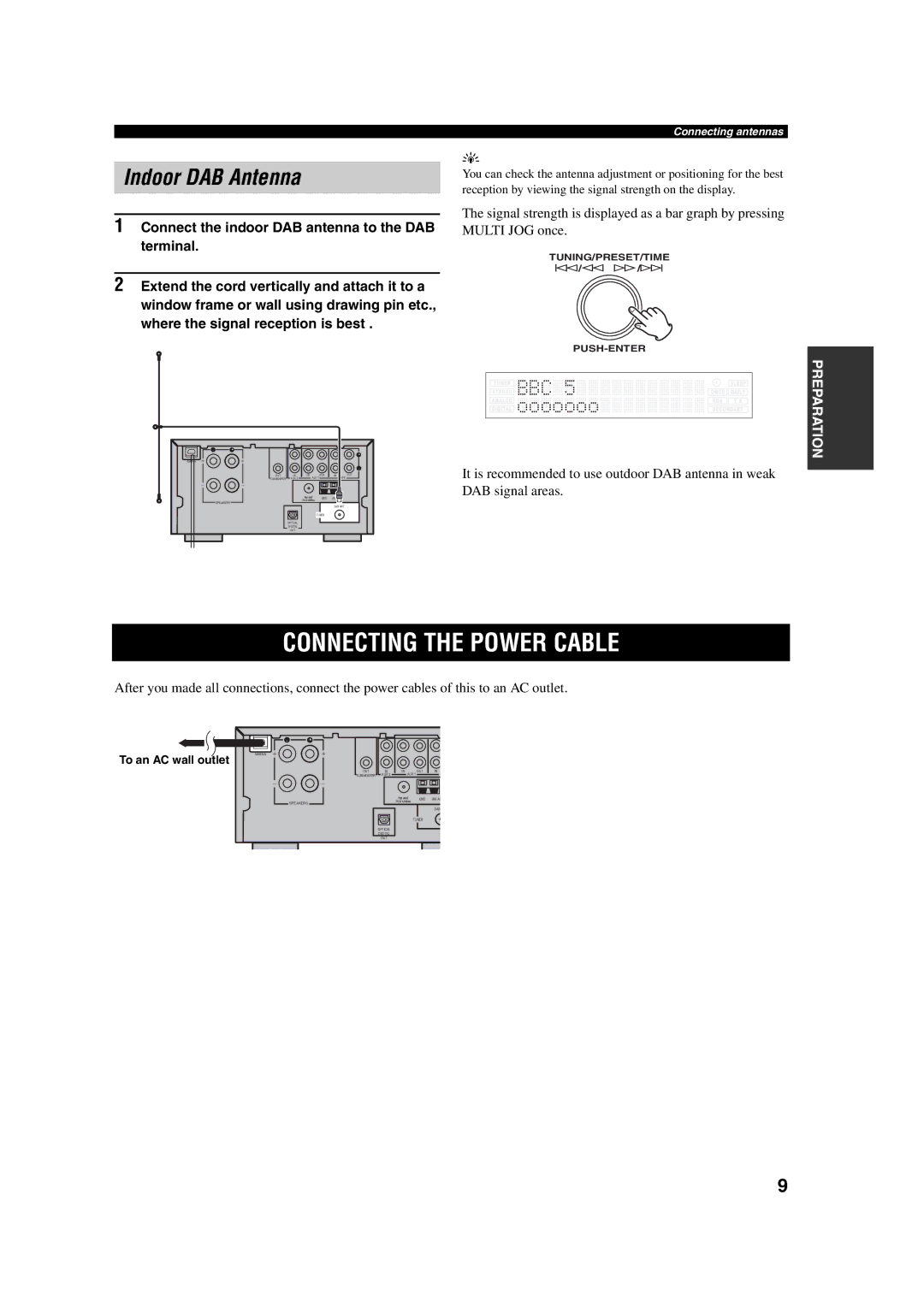 Yamaha M170 owner manual Connecting the Power Cable, Indoor DAB Antenna, Connect the indoor DAB antenna to the DAB terminal 