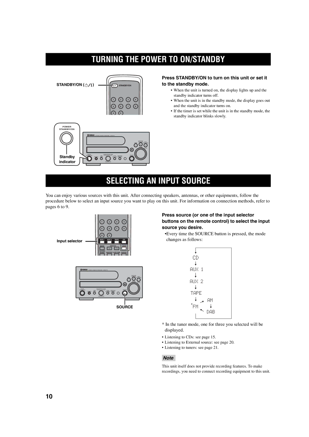 Yamaha M170 owner manual Turning the Power to ON/STANDBY, Selecting AN Input Source, Standby/On 