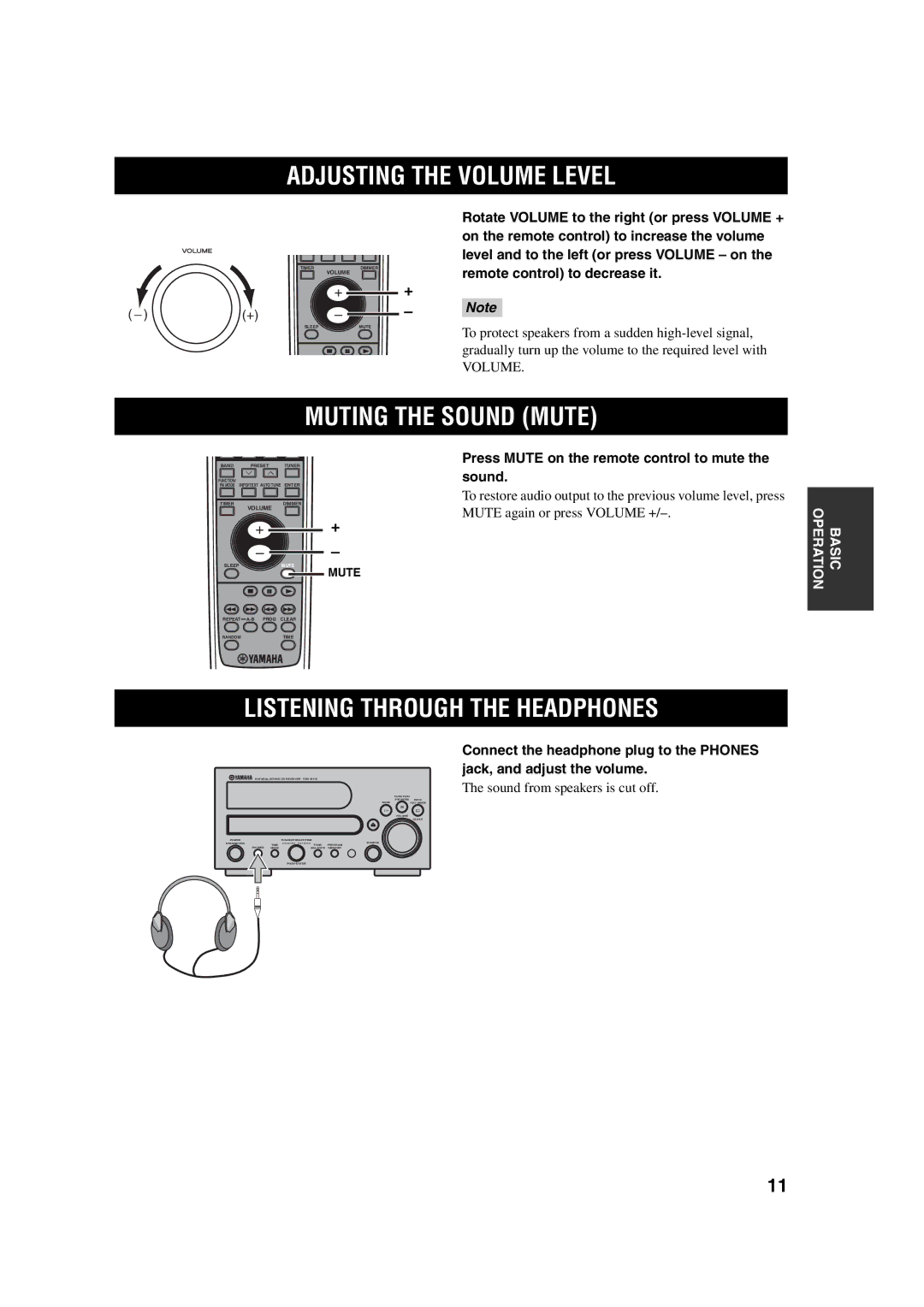 Yamaha M170 owner manual Adjusting the Volume Level, Muting the Sound Mute, Listening Through the Headphones 