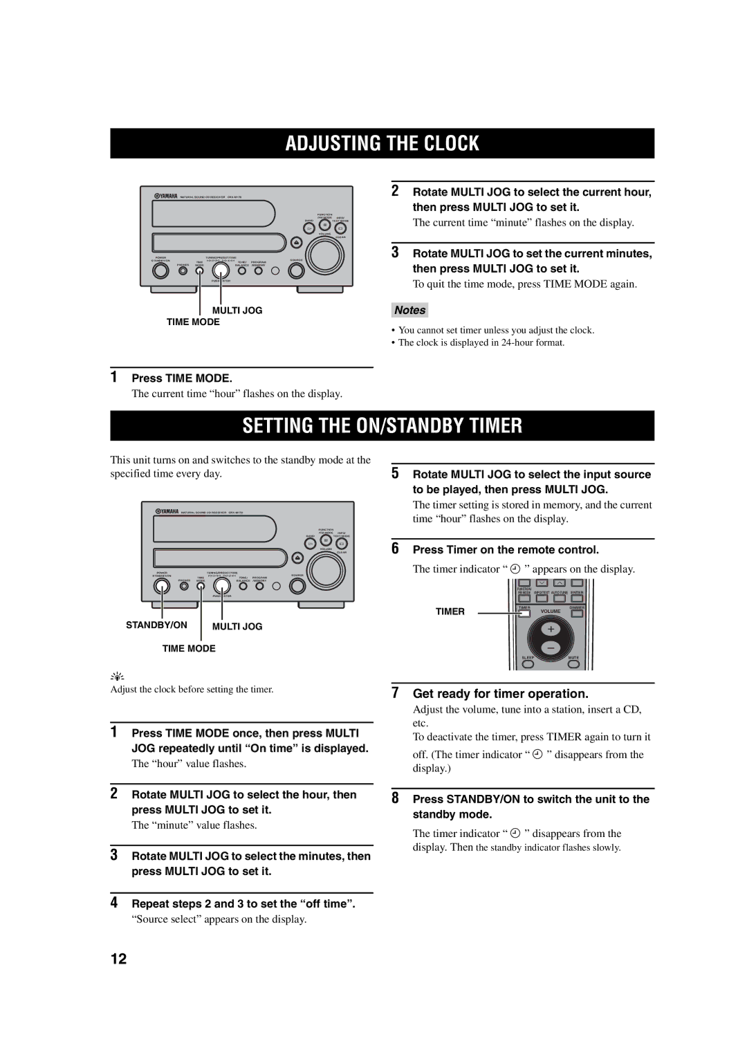 Yamaha M170 owner manual Adjusting the Clock, Setting the ON/STANDBY Timer, Get ready for timer operation 