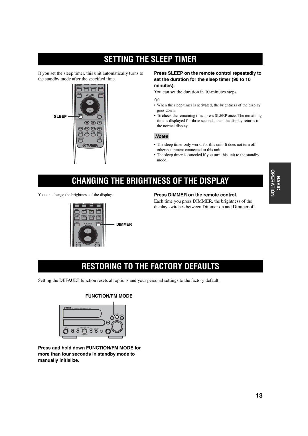 Yamaha M170 owner manual Setting the Sleep Timer, Changing the Brightness of the Display, Restoring to the Factory Defaults 