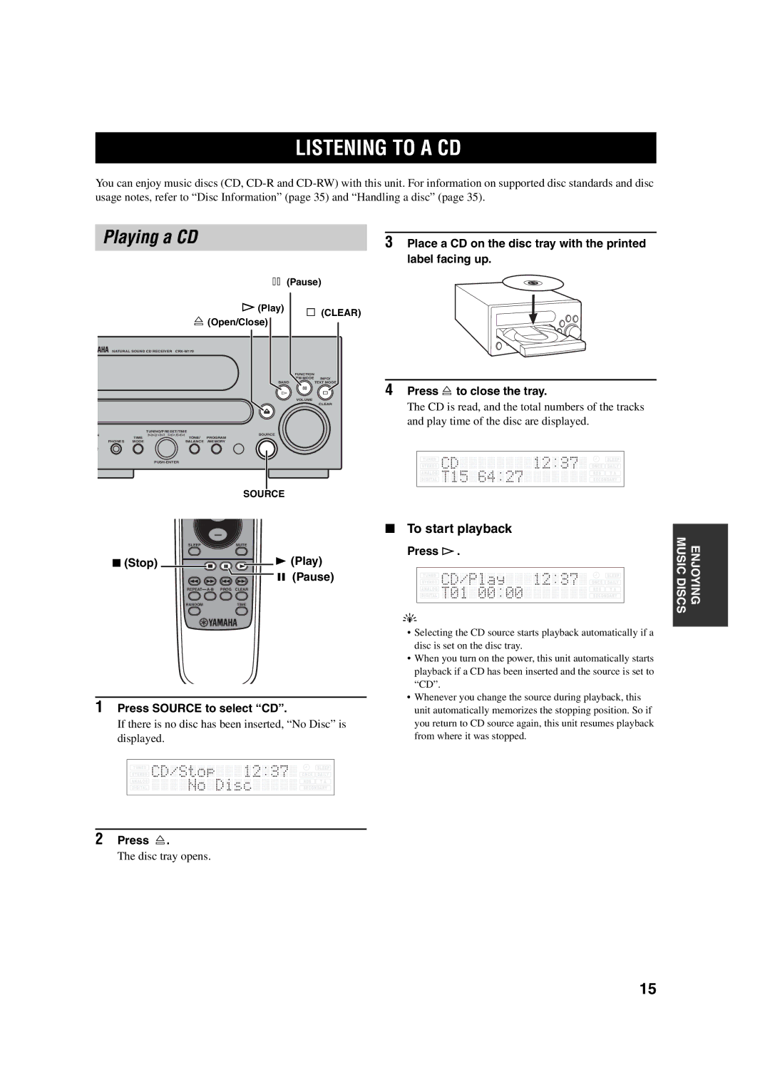 Yamaha M170 owner manual Listening to a CD, Playing a CD, To start playback 