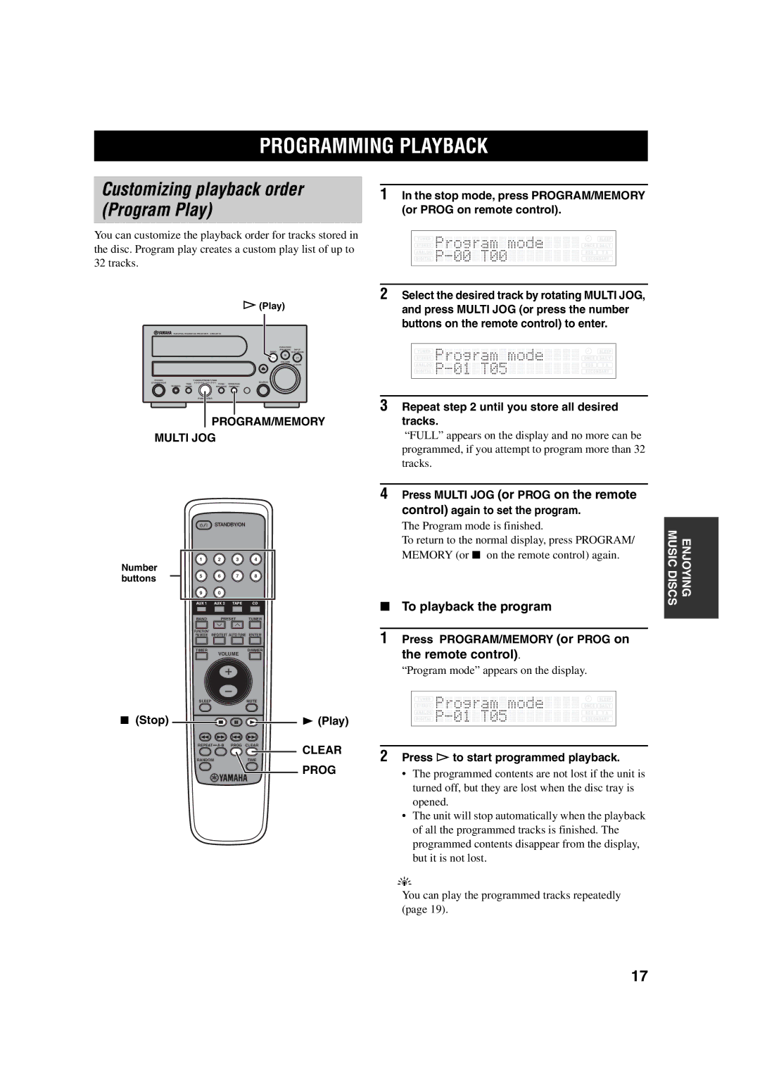 Yamaha M170 Programming Playback, Customizing playback order Program Play, To playback the program, Remote control 