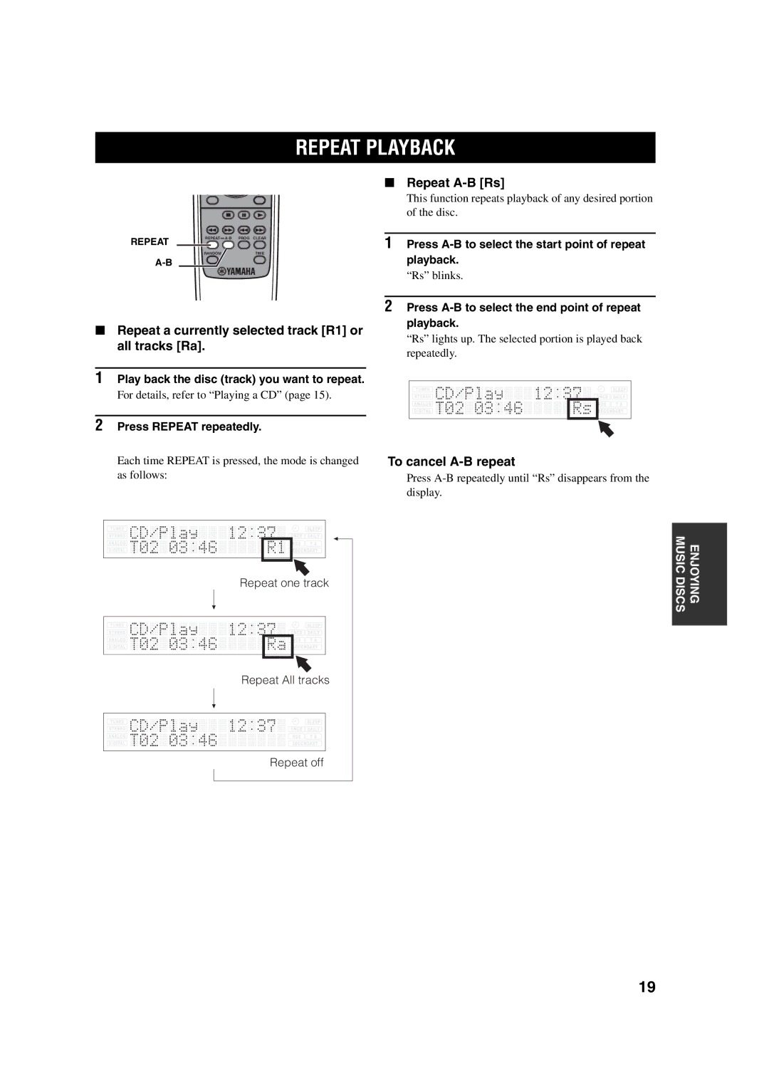 Yamaha M170 Repeat Playback, Repeat A-B Rs, Repeat a currently selected track R1 or all tracks Ra, To cancel A-B repeat 