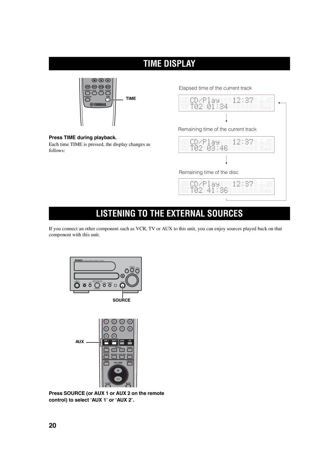 Yamaha M170 owner manual Time Display, Source AUX 