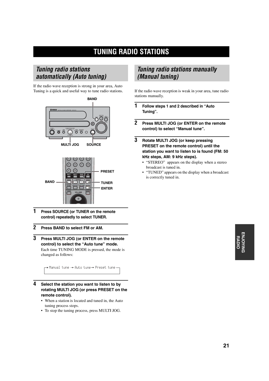 Yamaha M170 owner manual Tuning Radio Stations, Band, Source Preset, Tuner, Enter 