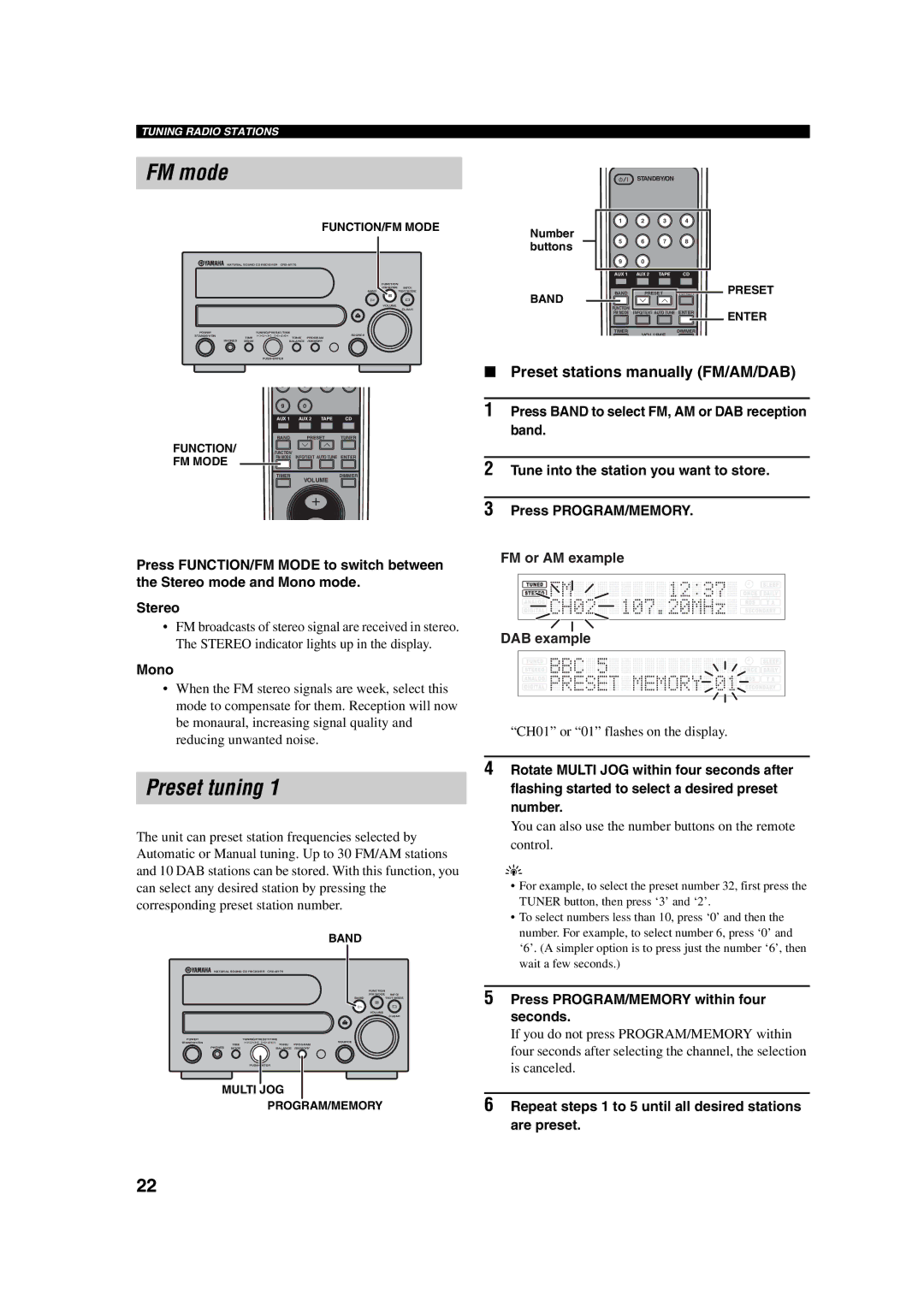 Yamaha M170 owner manual FM mode, Preset tuning, Preset stations manually FM/AM/DAB 