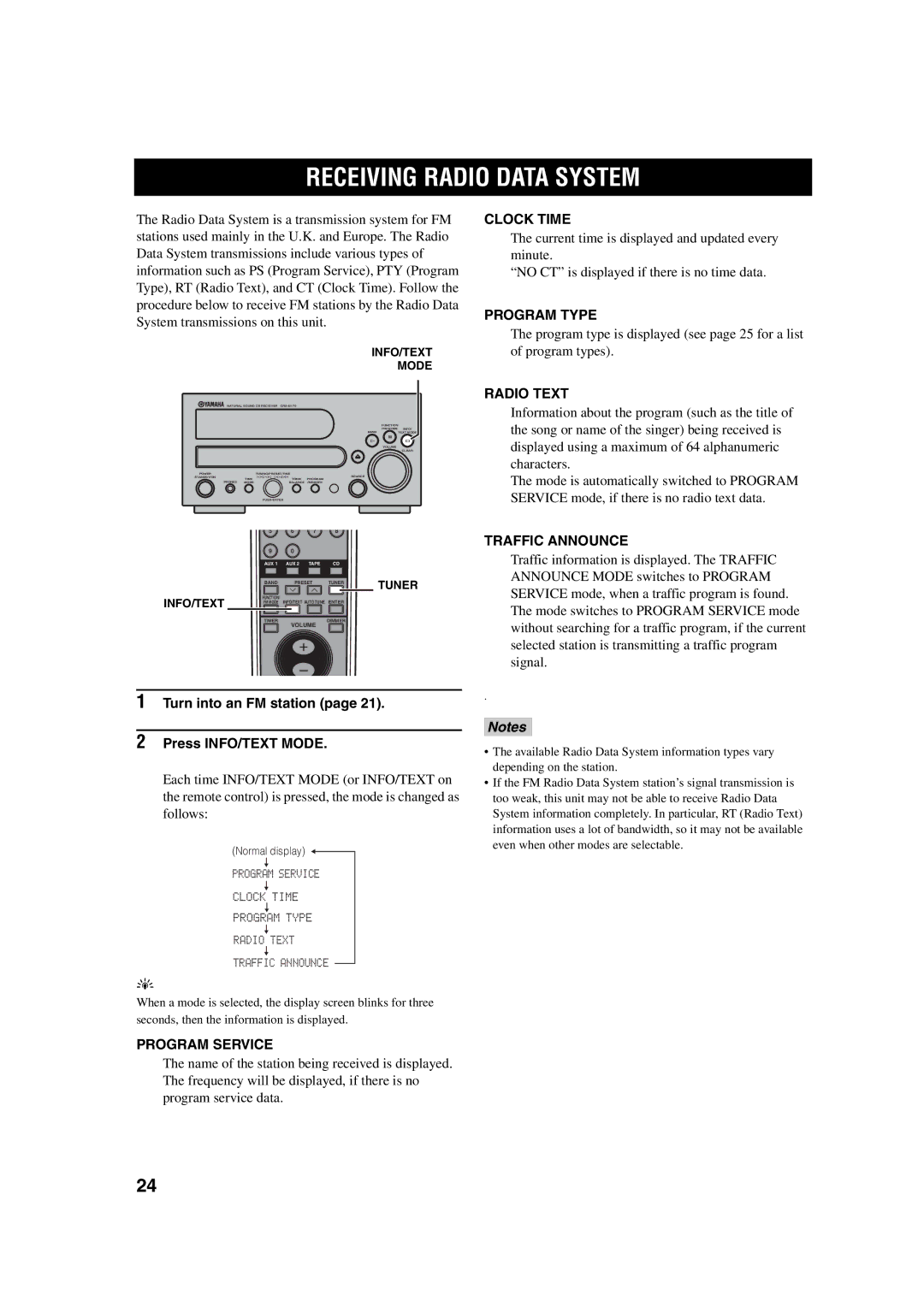 Yamaha M170 owner manual Receiving Radio Data System 