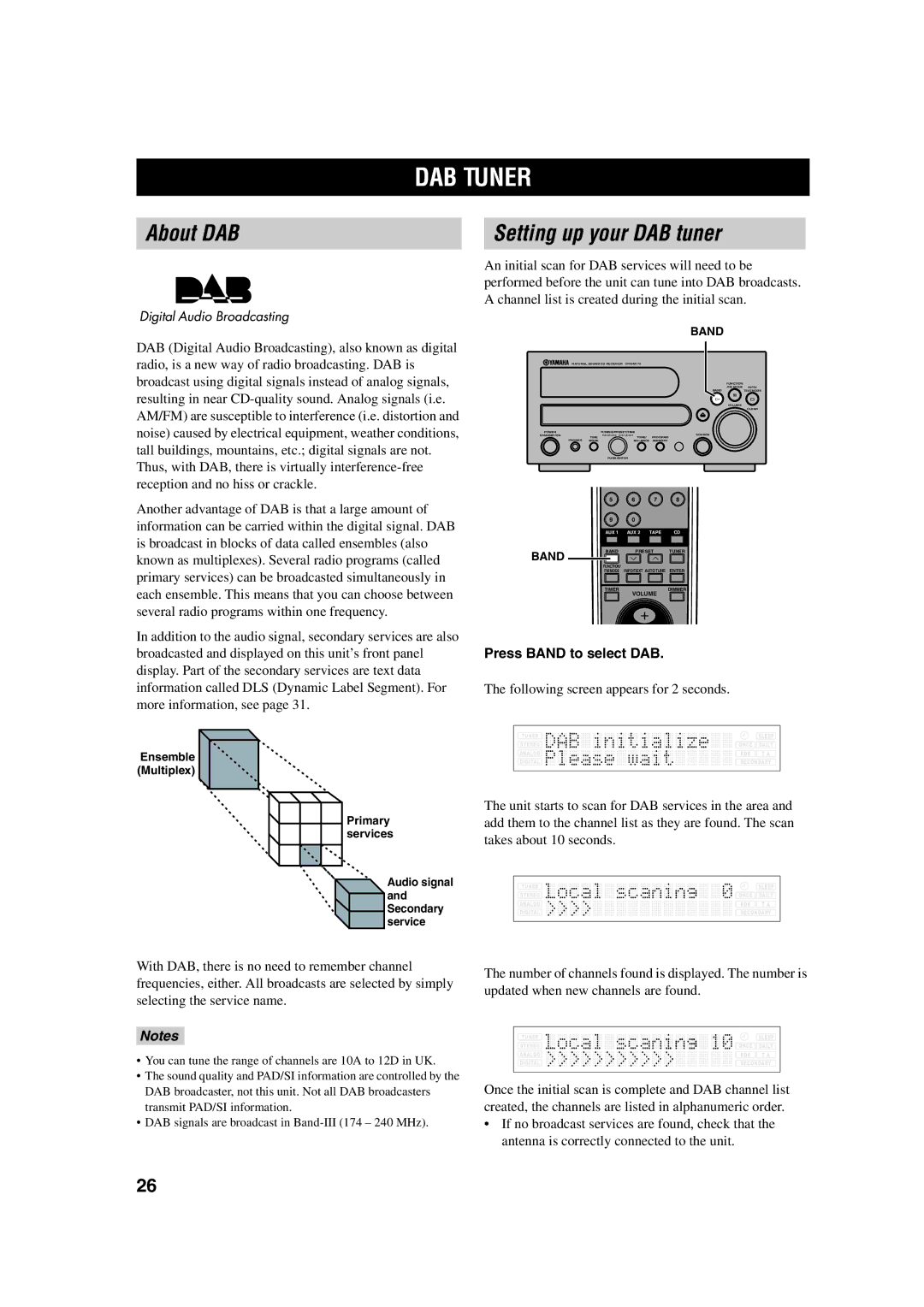 Yamaha M170 owner manual DAB Tuner, About DAB, Setting up your DAB tuner, Press Band to select DAB 