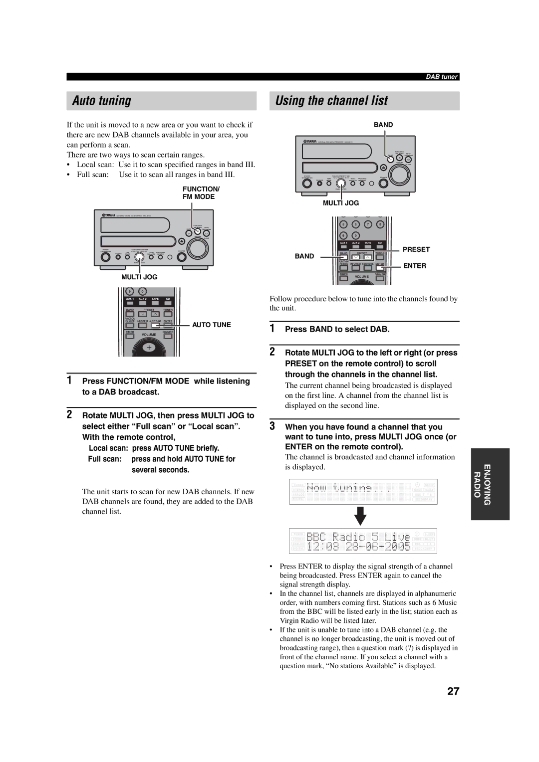 Yamaha M170 owner manual Auto tuning, Using the channel list, Channel is broadcasted and channel information is displayed 