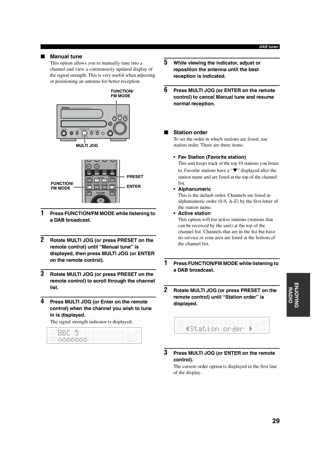 Yamaha M170 owner manual Manual tune, Station order, Fav Station Favorite station, Alphanumeric, Active station 