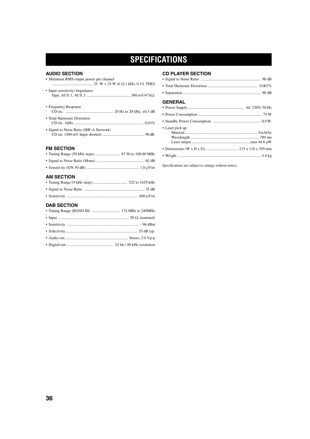 Yamaha M170 owner manual Specifications 