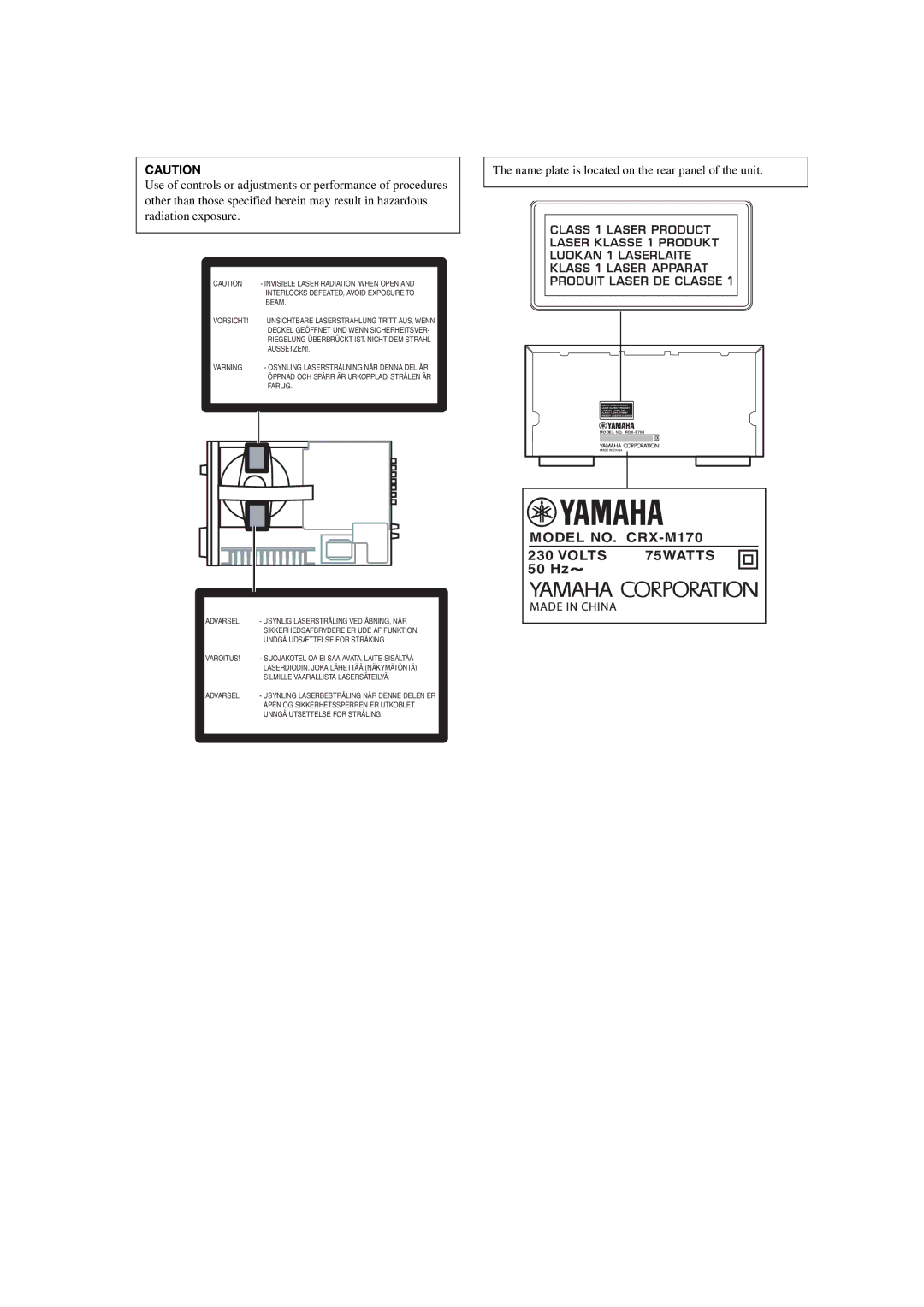 Yamaha owner manual Model NO. CRX-M170, Volts 75WATTS, 50 Hz 