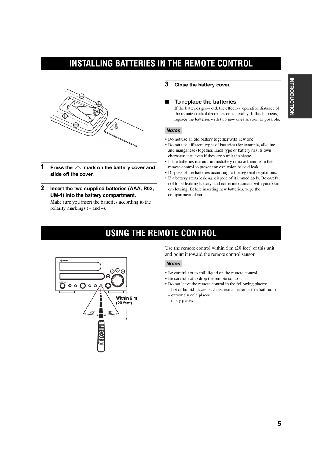 Yamaha M170 owner manual Installing Batteries in the Remote Control, Using the Remote Control, To replace the batteries 