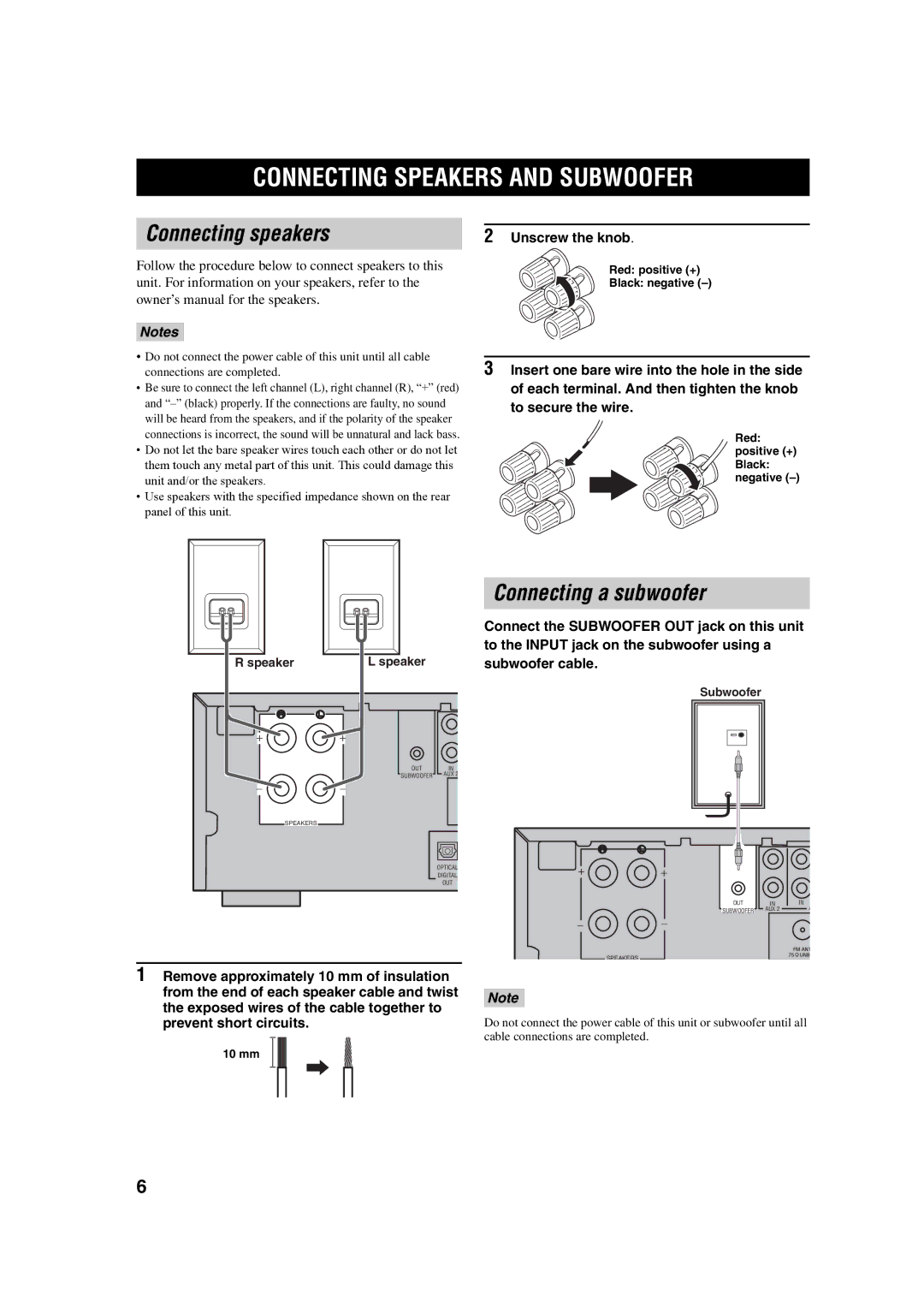 Yamaha M170 owner manual Connecting Speakers and Subwoofer, Connecting speakers, Connecting a subwoofer 