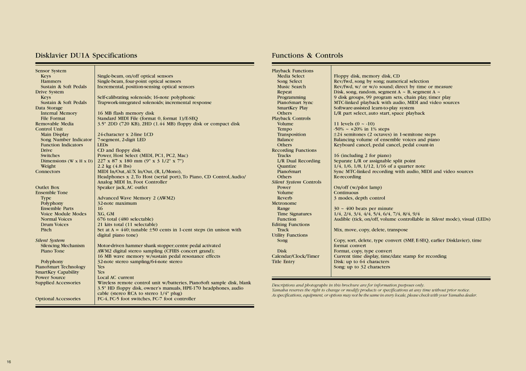 Yamaha Mark III Series manual Disklavier DU1A Specifications Functions & Controls 