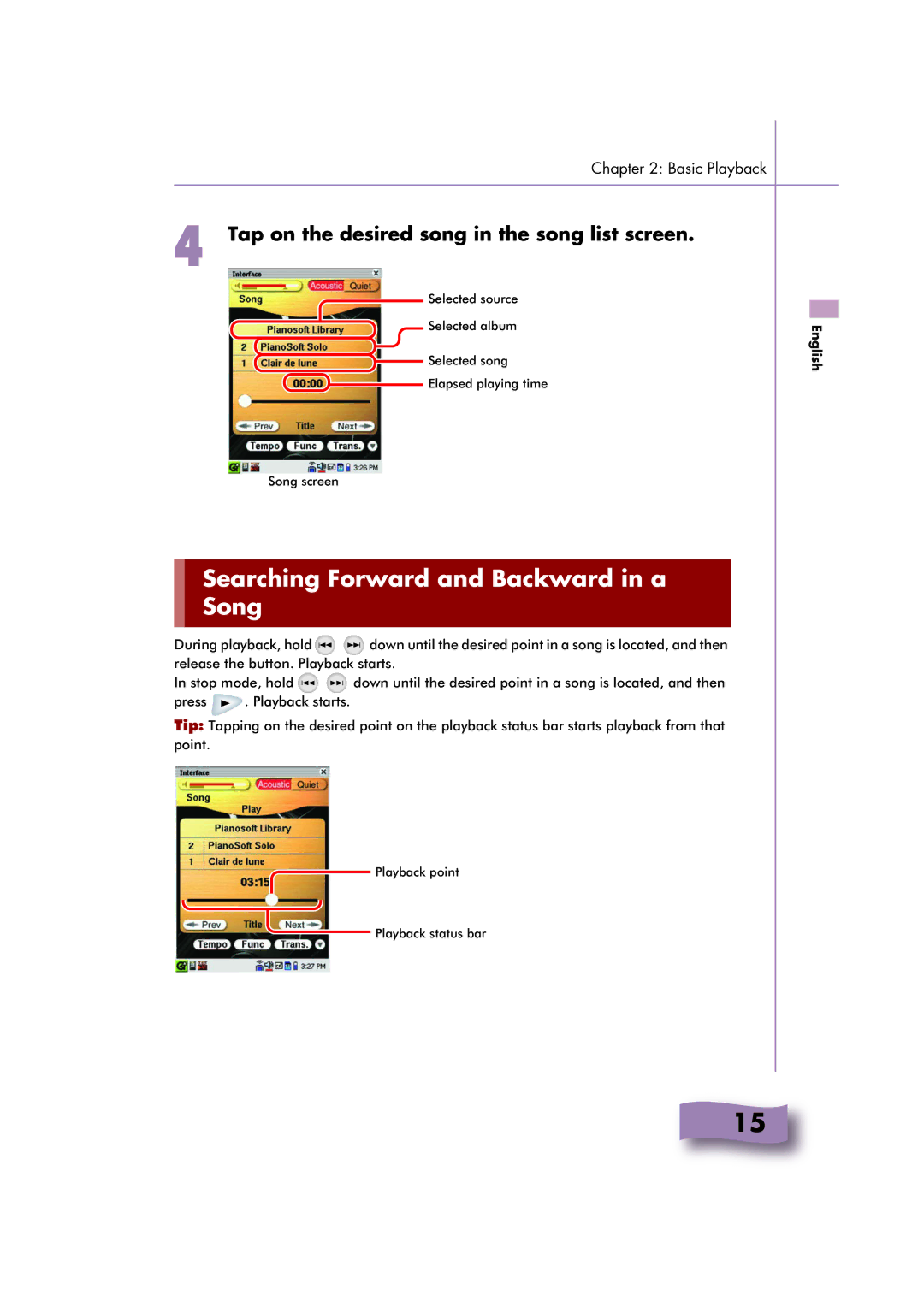 Yamaha Mark IV Series manual Searching Forward and Backward in a Song, Tap on the desired song in the song list screen 