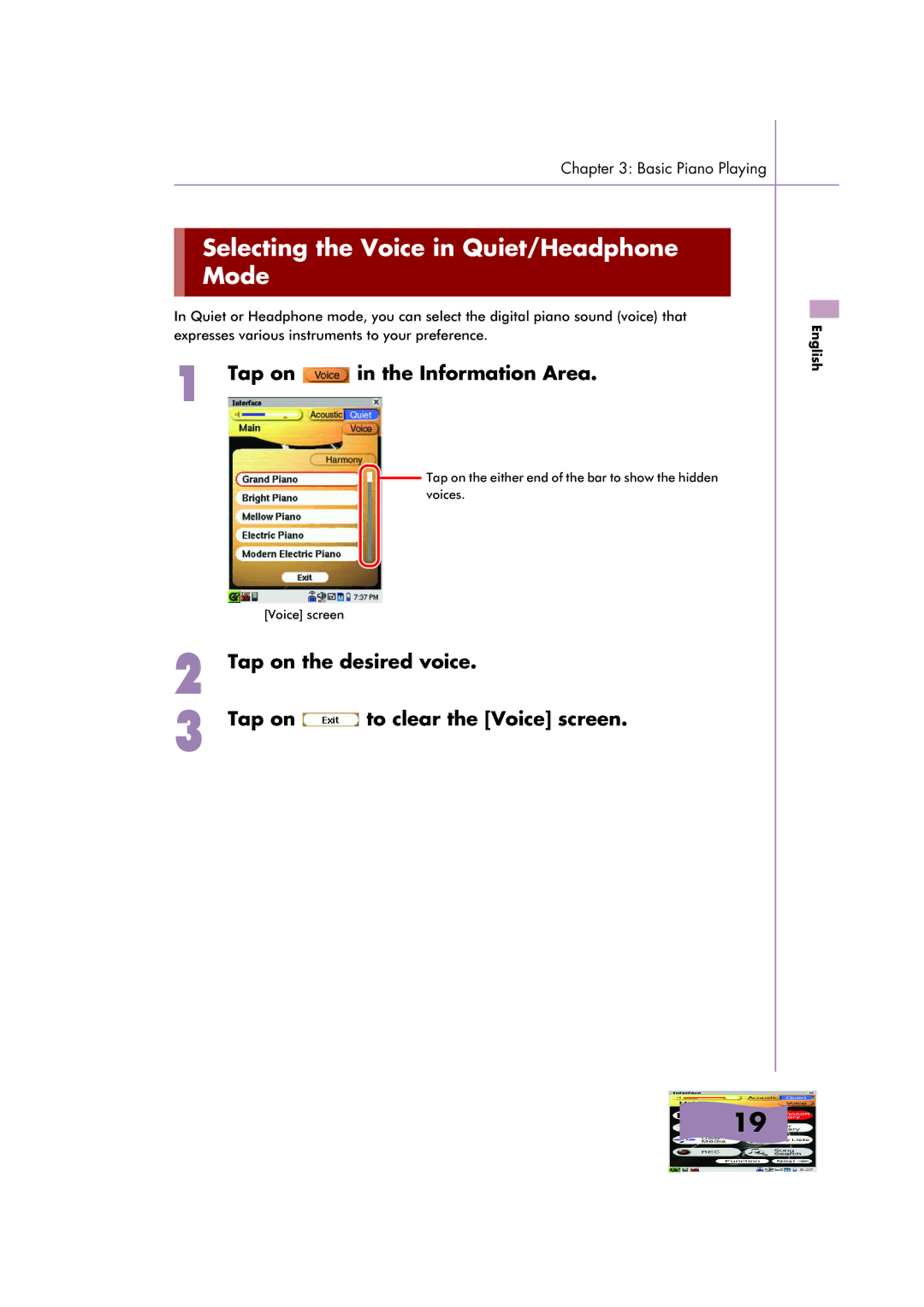 Yamaha Mark IV Series manual Selecting the Voice in Quiet/Headphone Mode, Tap on in the Information Area 