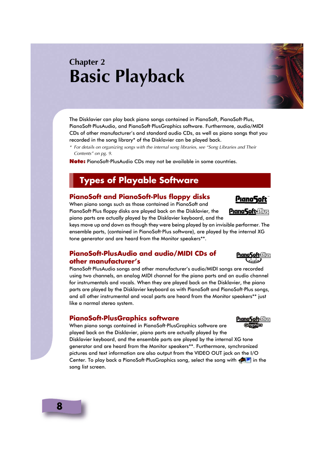 Yamaha Mark IV Series manual Types of Playable Software, PianoSoft and PianoSoft·Plus floppy disks 