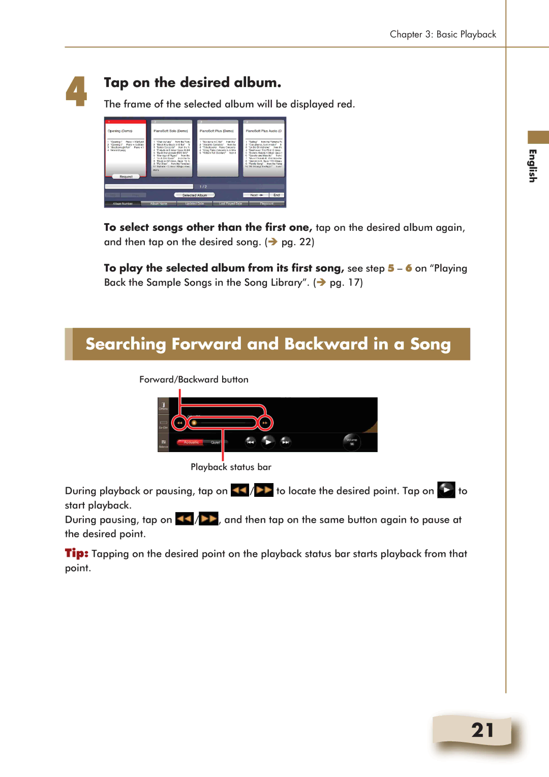 Yamaha Mark IV manual Searching Forward and Backward in a Song, Tap on the desired album 