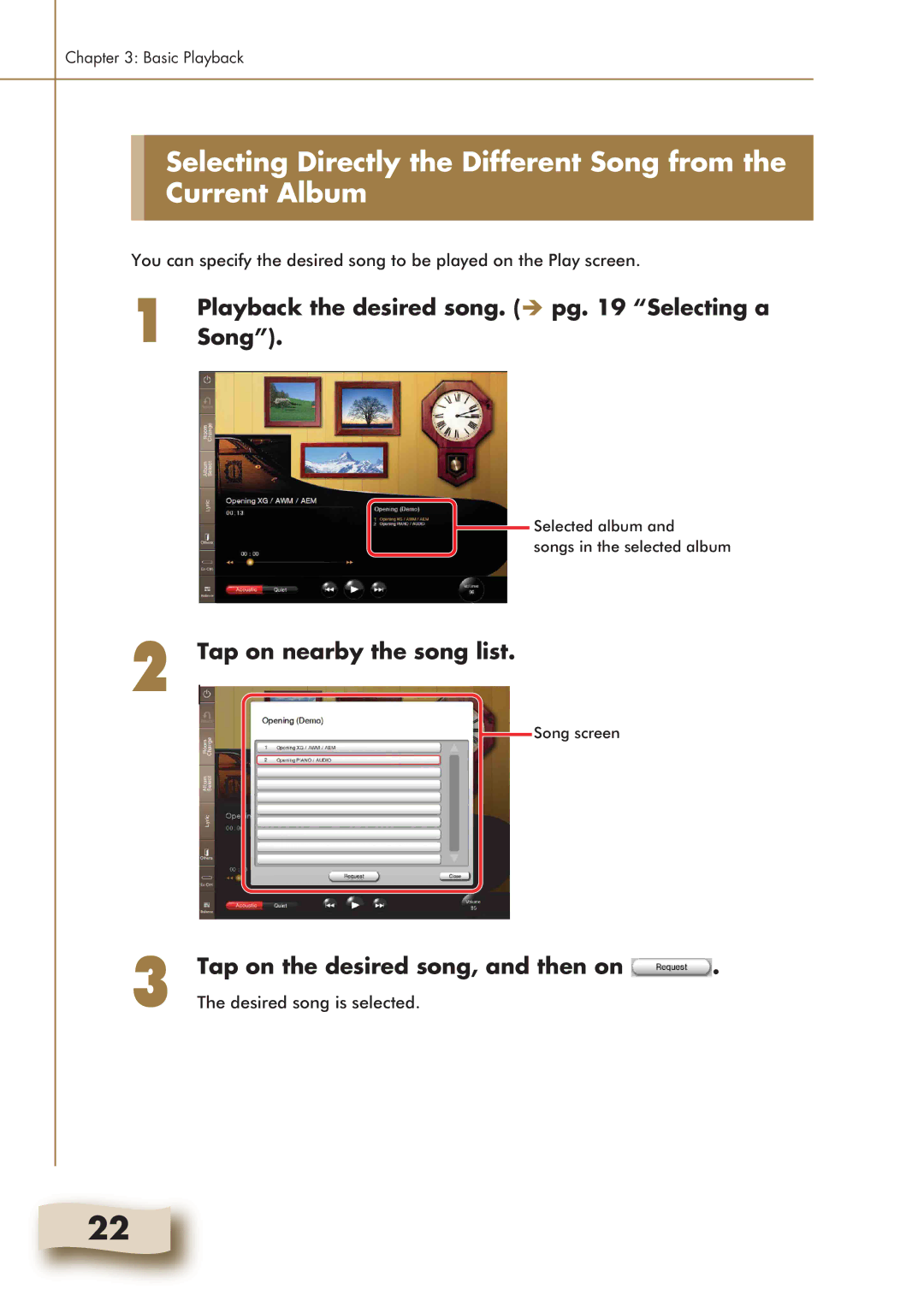 Yamaha Mark IV manual Playback the desired song. pg Selecting a, Song, Tap on nearby the song list 