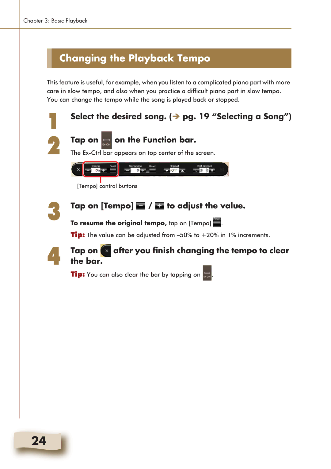 Yamaha Mark IV manual Changing the Playback Tempo, Tap on Tempo / to adjust the value 