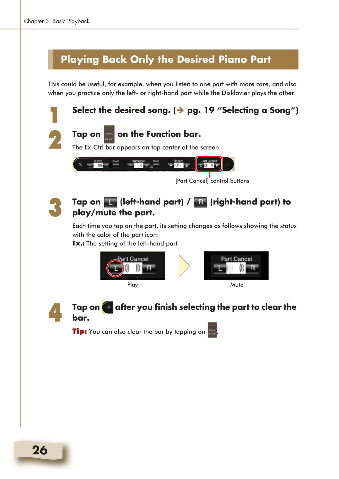 Yamaha Mark IV manual Playing Back Only the Desired Piano Part, Tap on after you finish selecting the part to clear the bar 