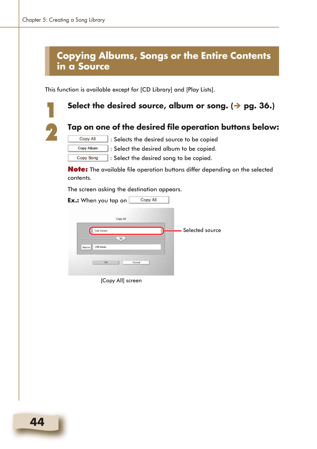 Yamaha Mark IV manual Copying Albums, Songs or the Entire Contents in a Source 