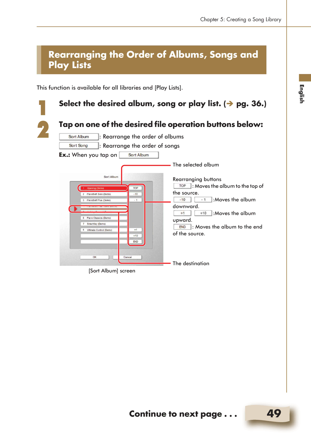 Yamaha Mark IV manual Rearranging the Order of Albums, Songs and Play Lists 