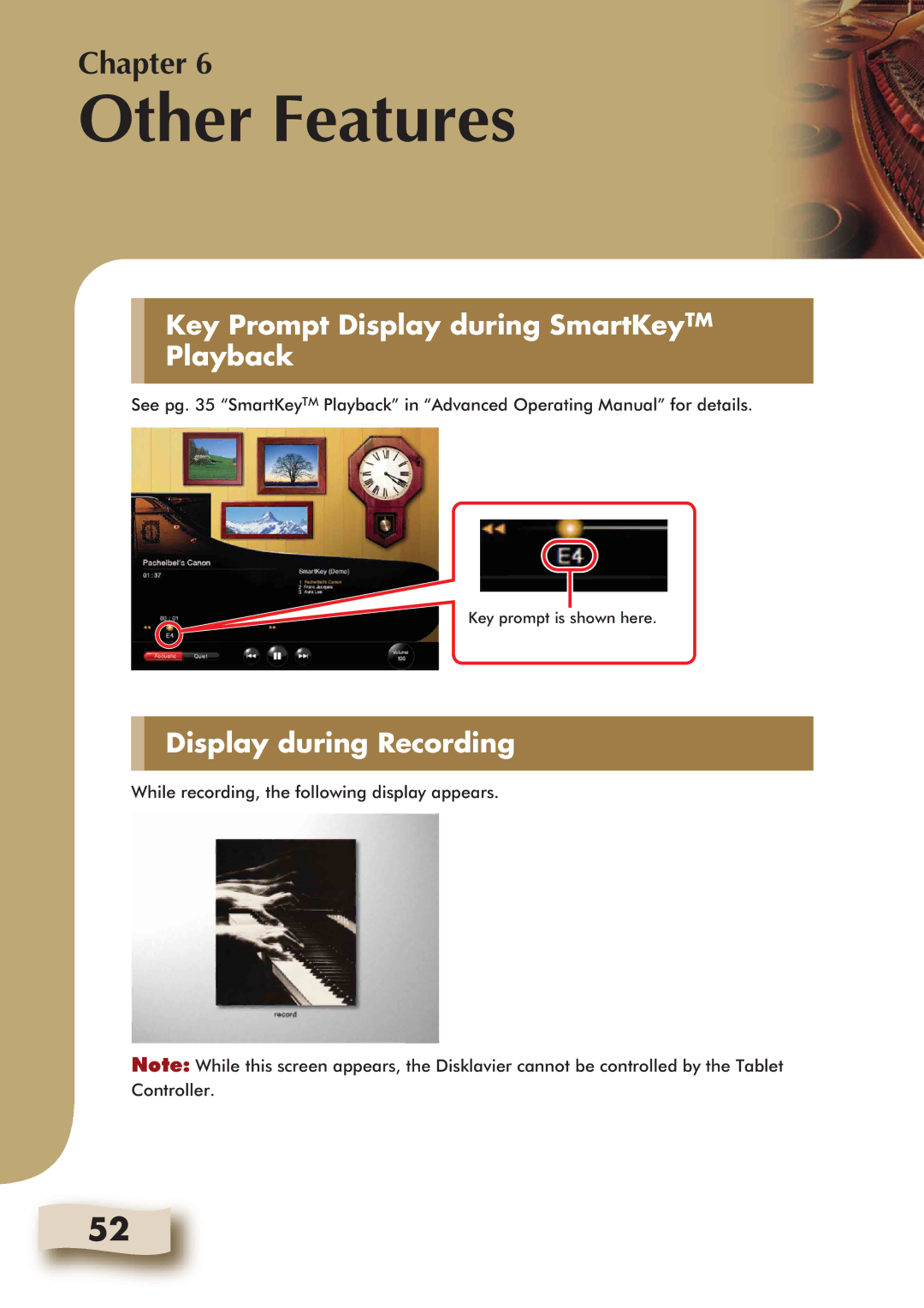 Yamaha Mark IV manual Other Features, Key Prompt Display during SmartKeyTM Playback, Display during Recording 