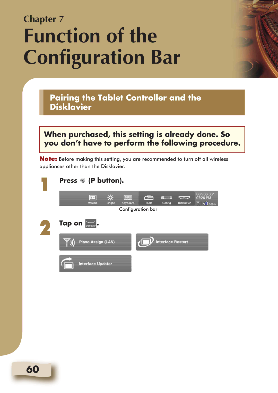 Yamaha Mark IV manual Function Configuration Bar, Pairing the Tablet Controller Disklavier, Press P P button 