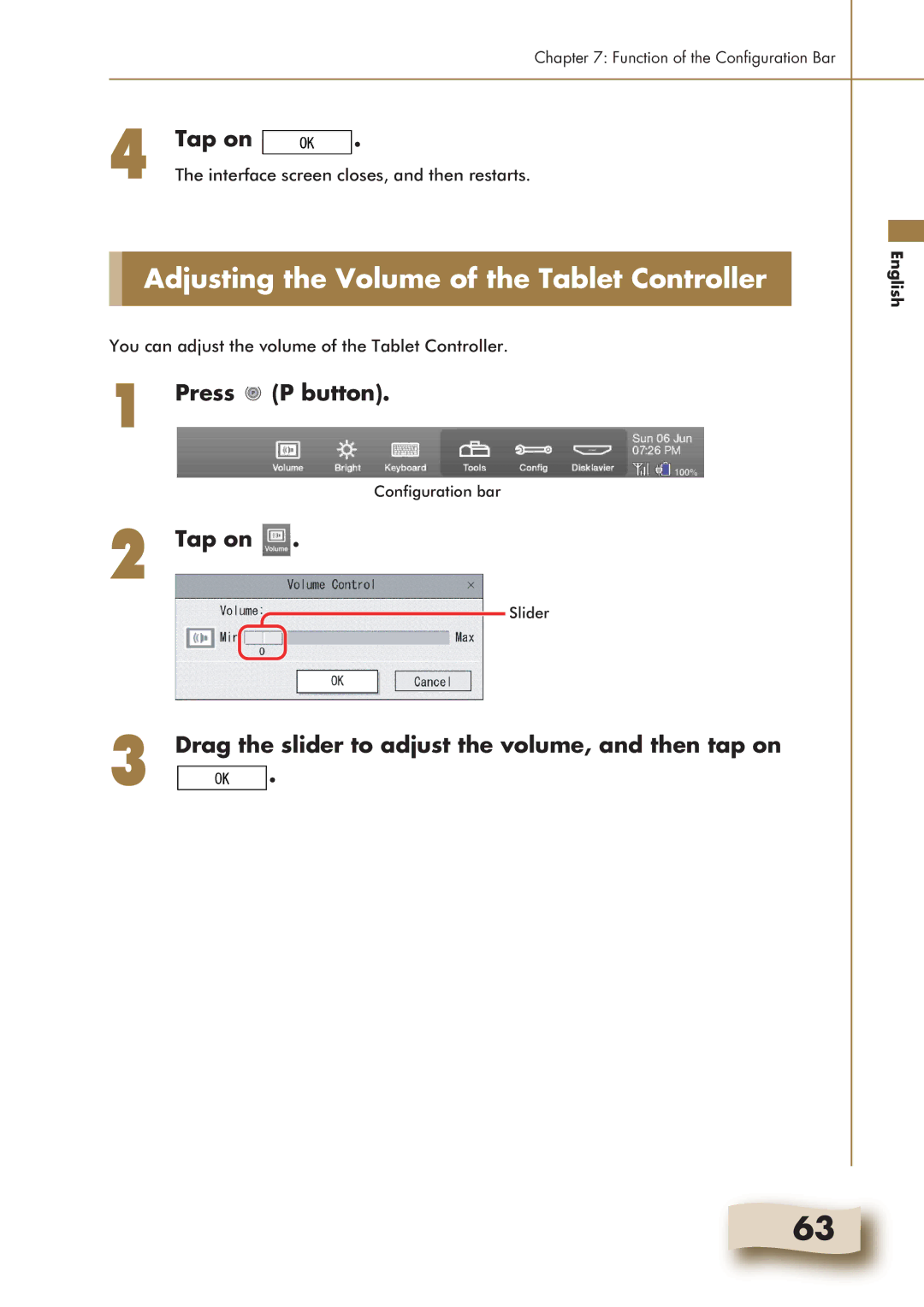 Yamaha Mark IV manual Adjusting the Volume of the Tablet Controller, Drag the slider to adjust the volume, and then tap on 