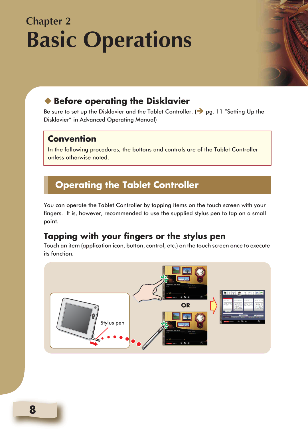 Yamaha Mark IV manual Basic Operations, Operating the Tablet Controller 