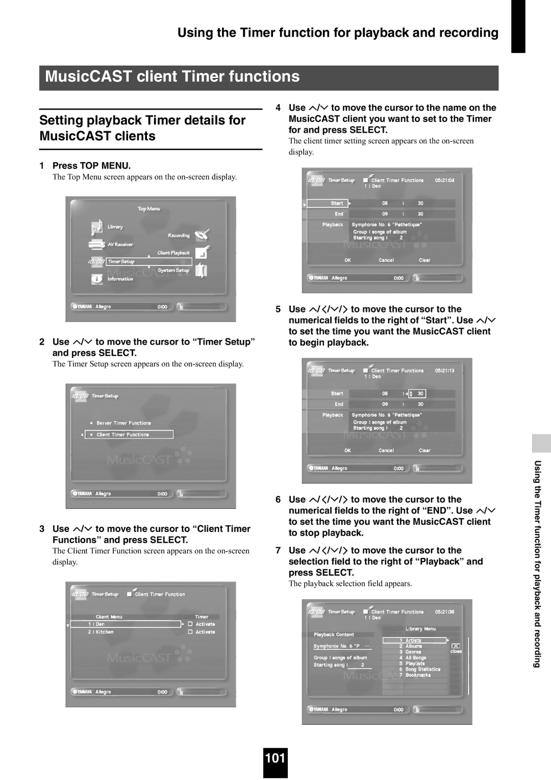 Yamaha mcx-1000 manual MusicCAST client Timer functions, Setting playback Timer details for MusicCAST clients, 101 