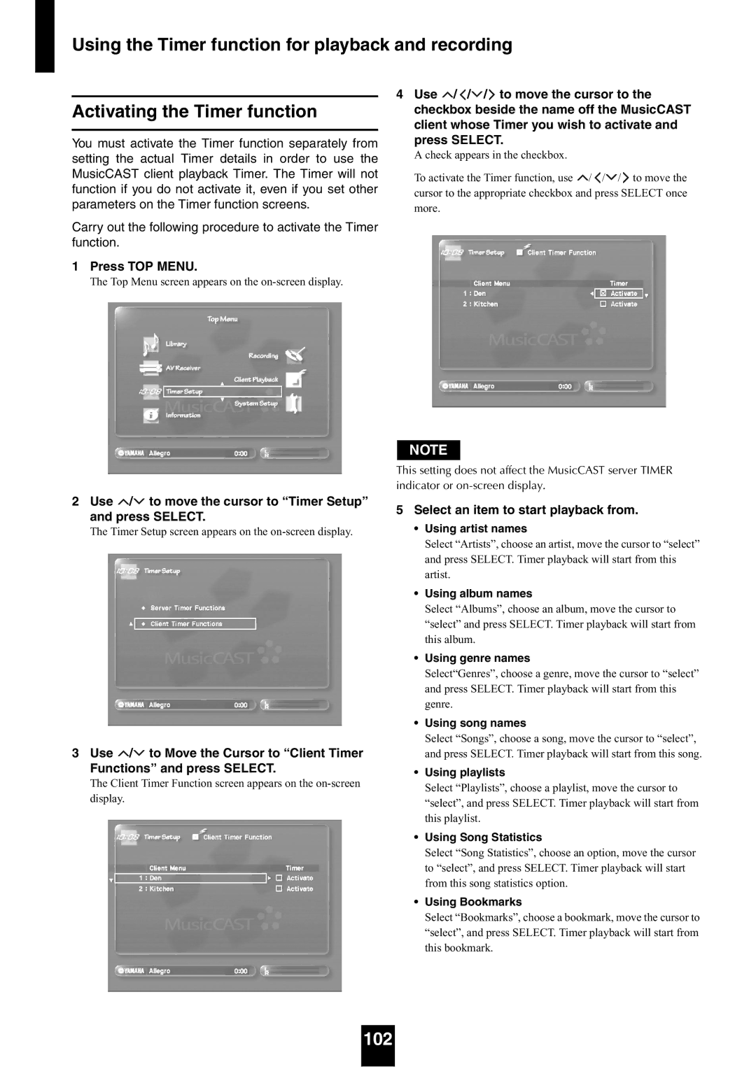 Yamaha mcx-1000 manual 102, Select an item to start playback from 