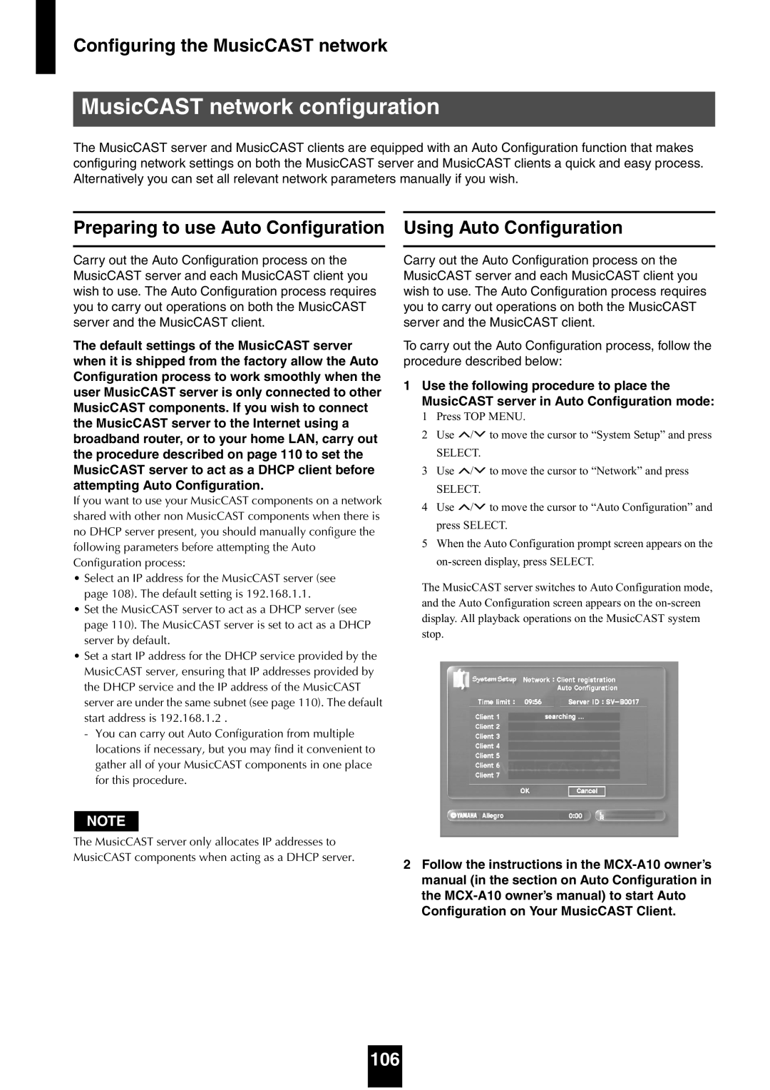 Yamaha mcx-1000 manual MusicCAST network configuration, Configuring the MusicCAST network, 106 