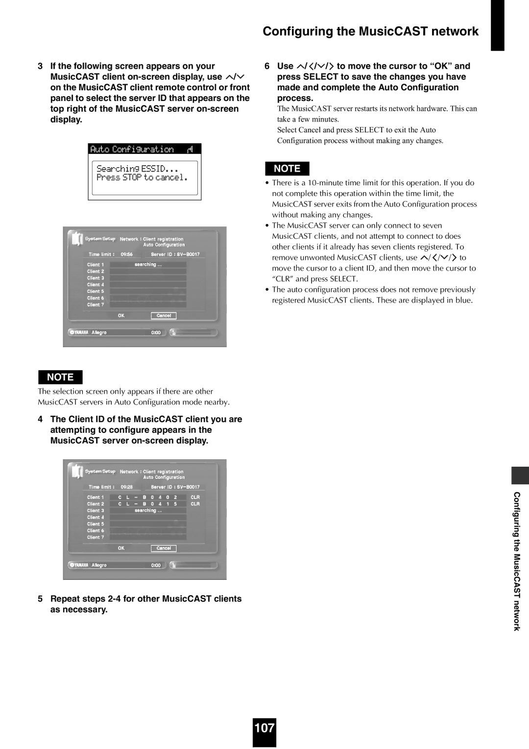 Yamaha mcx-1000 manual 107, Configuring the MusicCAST network 