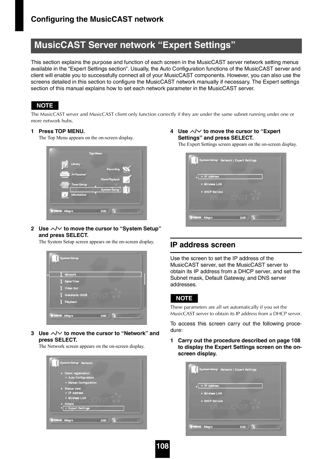 Yamaha mcx-1000 manual MusicCAST Server network Expert Settings, IP address screen, 108 