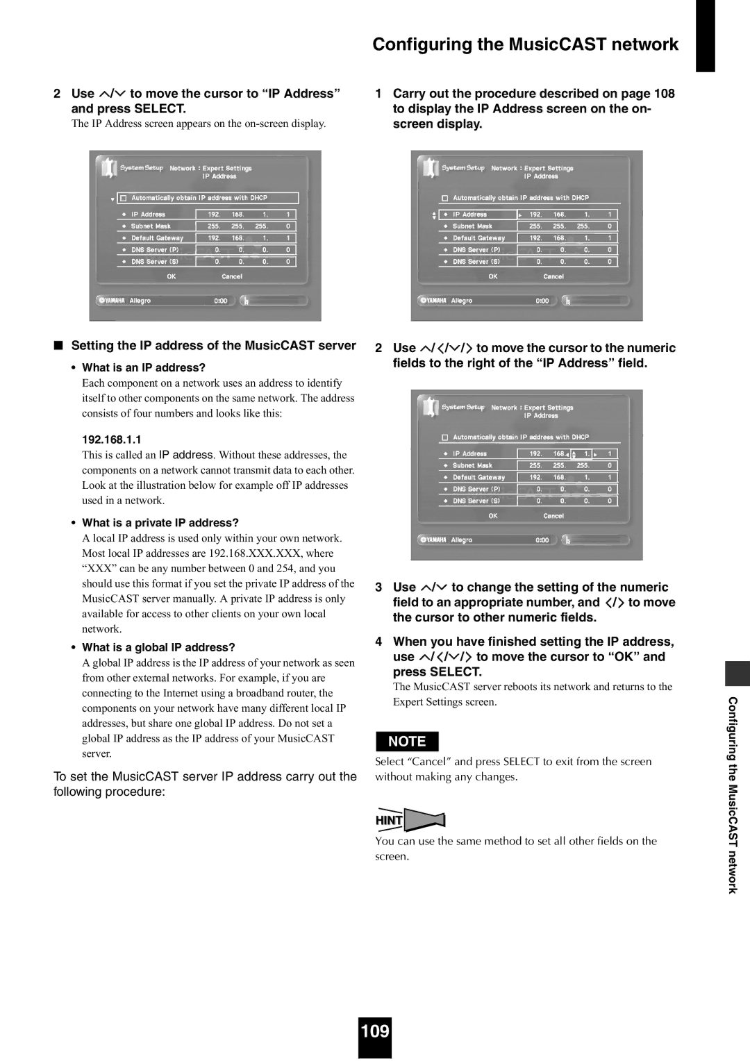 Yamaha mcx-1000 manual 109, Use / to move the cursor to IP Address and press Select 