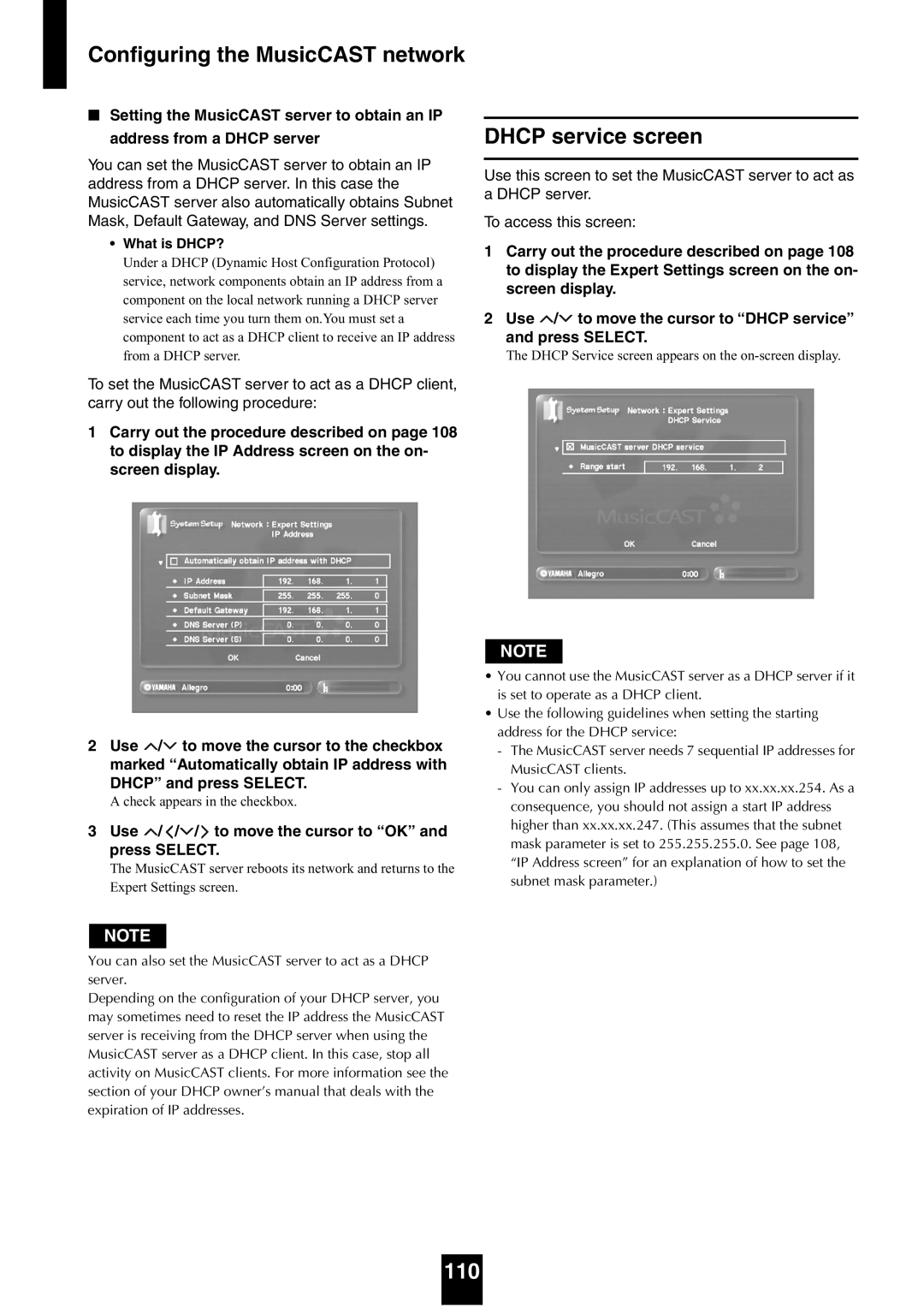 Yamaha mcx-1000 manual Dhcp service screen, 110, What is DHCP? 