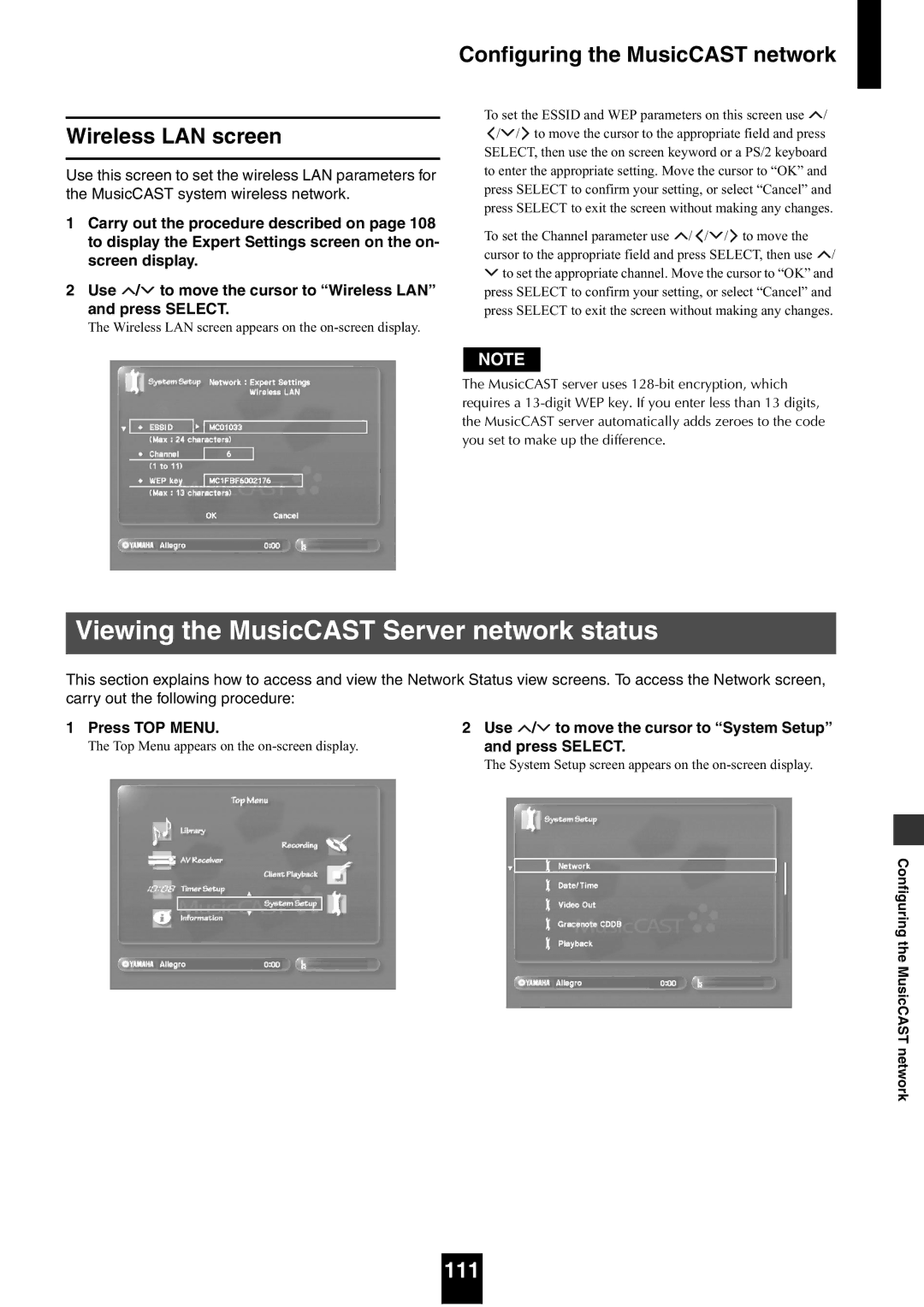 Yamaha mcx-1000 manual Viewing the MusicCAST Server network status, Wireless LAN screen, 111 