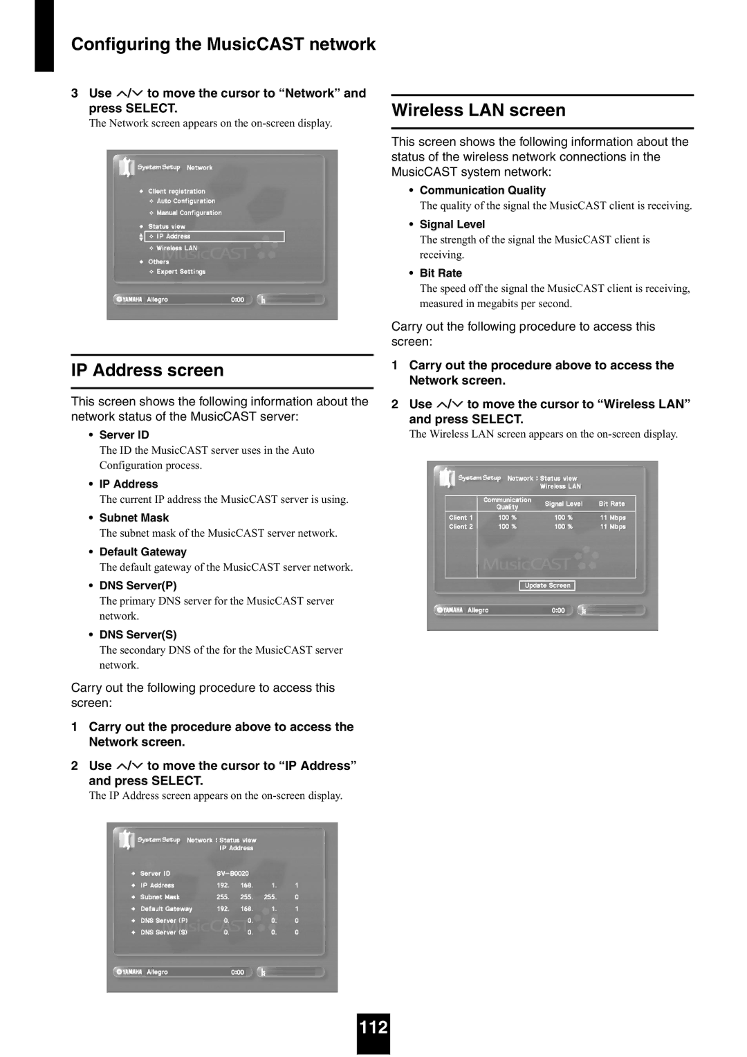 Yamaha mcx-1000 manual 112, Use / to move the cursor to Network 