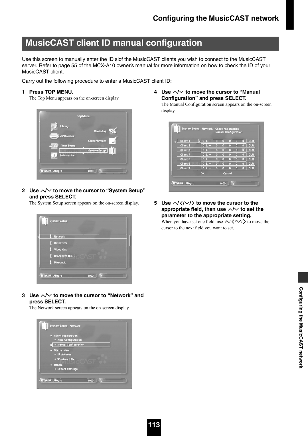 Yamaha mcx-1000 MusicCAST client ID manual configuration, 113, Press TOP Menu Use / to move the cursor to Manual 