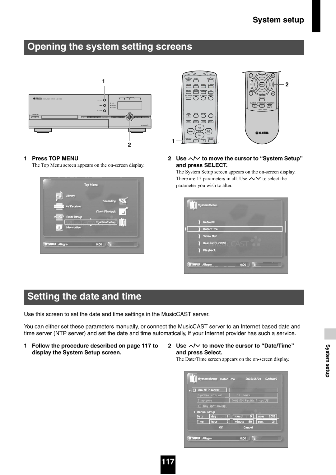 Yamaha mcx-1000 manual Opening the system setting screens, Setting the date and time, 117, System setup 