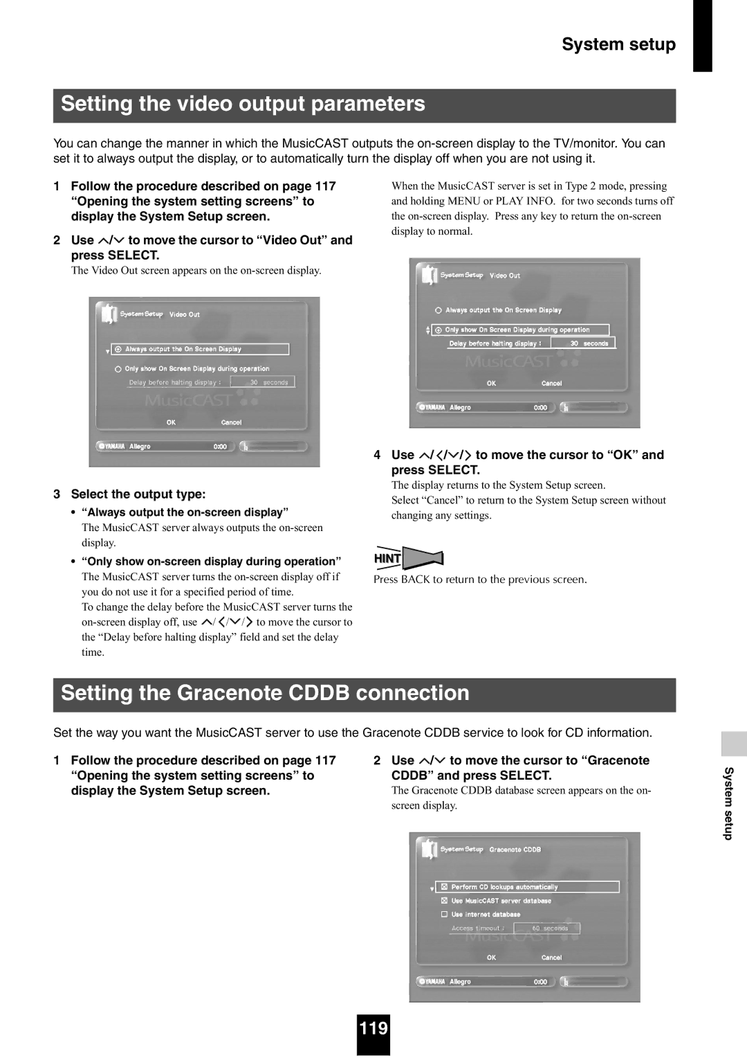 Yamaha mcx-1000 Setting the video output parameters, Setting the Gracenote Cddb connection, 119, Select the output type 